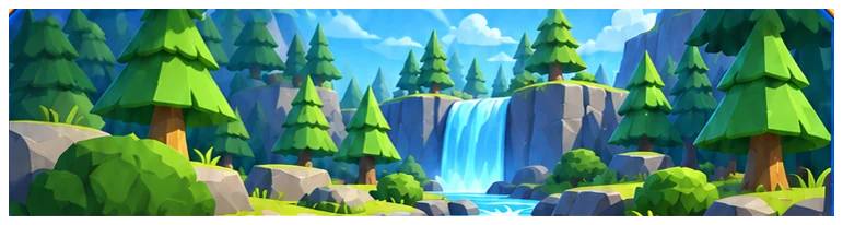 Waterfalls and sunlit trees in Deep Forest