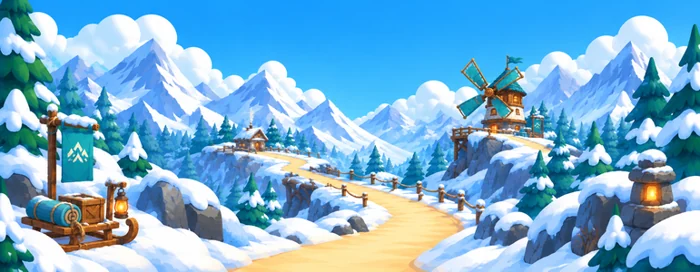 Snow-covered mountains and trees in Frostwind Pass