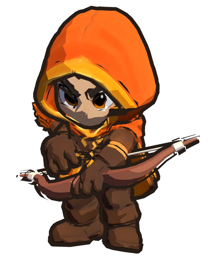 Rangie, our orange-hooded hero, drawing a bow