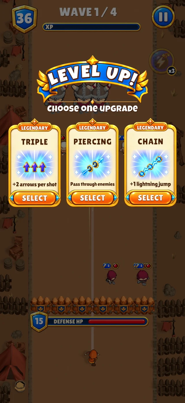 An in-game choice between Triple, Piercing and Chain upgrade cards